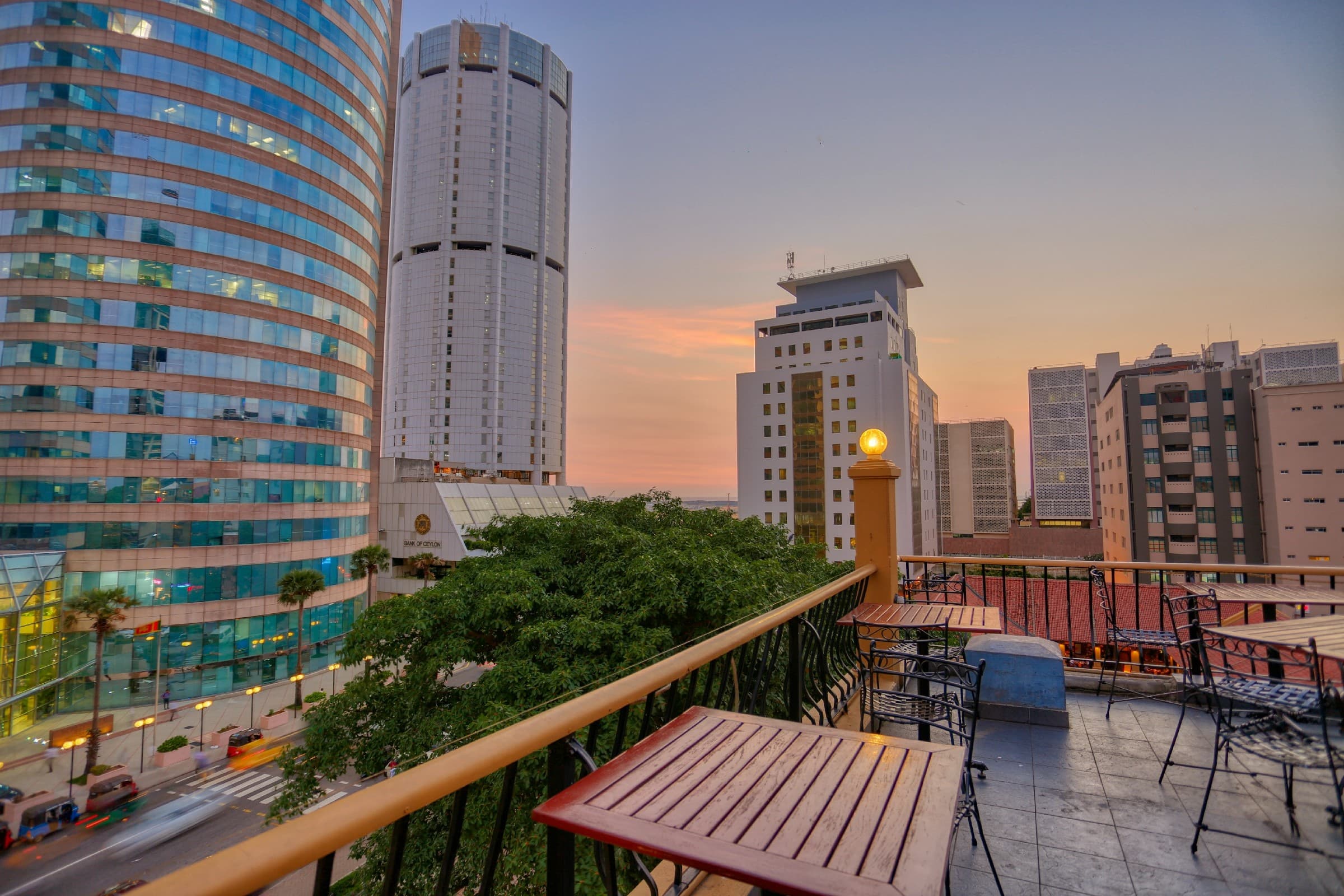 Modern city skyline at sunset